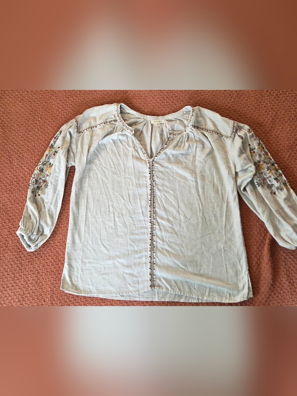 Max Studio Light Blue Embroidered Peasant Blouse - Women's